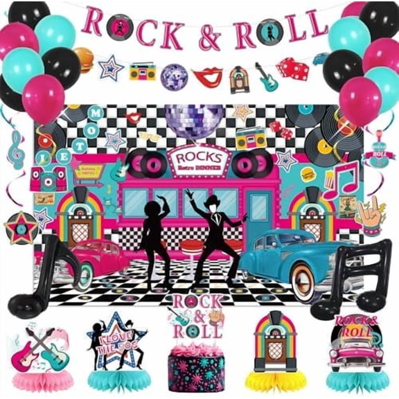 1950's Rock and Roll Party Decorations - 50's Photo Diner Backdrop, Rock and Roll Banner, Honeycomb Centerpieces, Hanging Swirls and Balloons for 1950s Music Rocking Hip Hop Party Supplies