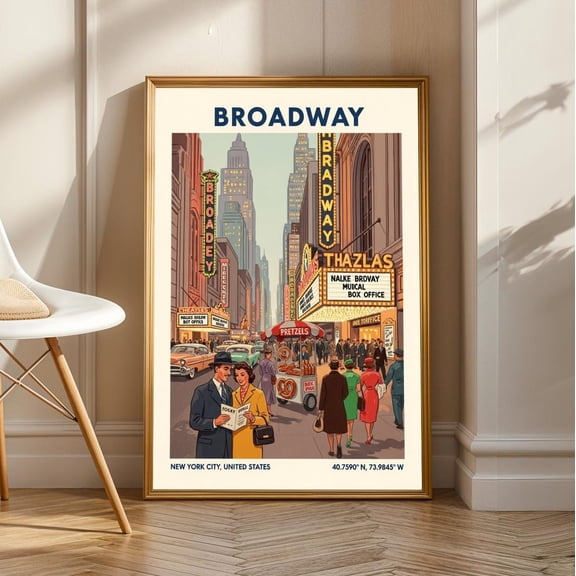1950S Broadway Scene Poster: Vintage Gouache Retro Cityscape Art, Unframed Canvas Size 24x36