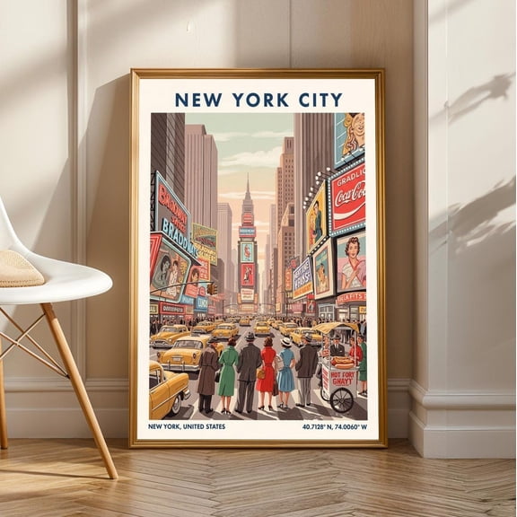 1950S Times Square Print: Retro New York City Travel Poster, Unframed Canvas Size 16x24