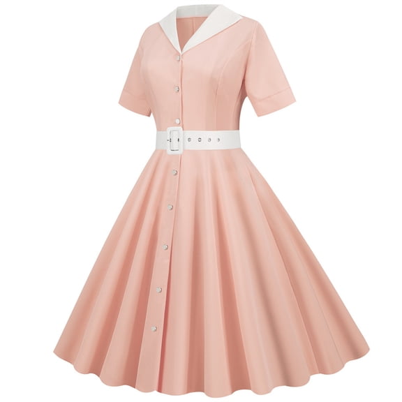1950S Vintage Formal Dresses For Women Solid Color Elegant Turn Down Callor Dresses With Button Deco High Waist Swing Dresses Flowy Adjustable Wasit Dresses Faldas Para Mujer