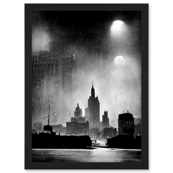 1950s Black And White New York Rainy Mist Cityscape Artwork Framed Wall Art Print A4