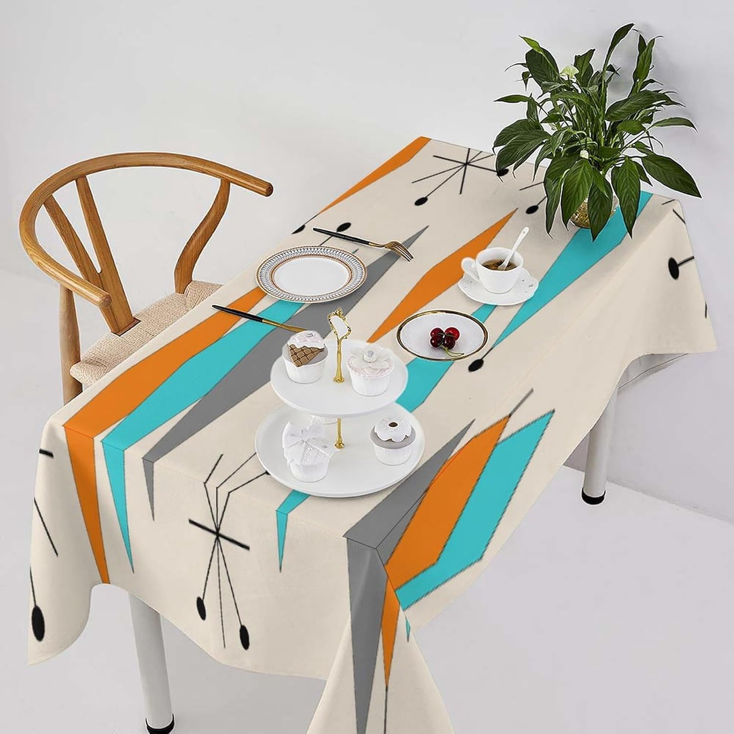 Table Cloth Pattern 1950s Boho Tablecloth, Mid Century Modern Geometric Atomic Shapes ...