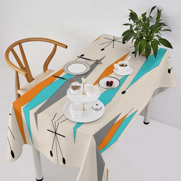1950s Boho Tablecloth, Mid Century Modern Geometric Atomic Shapes Orange Blue Pattern Table Cloth for Kitchen Holiday Dinner Hotel Restaurant, Rectangle(60x120in)