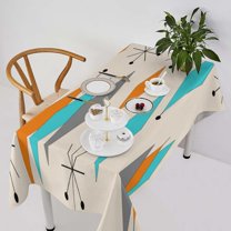 1950s Boho Tablecloth, Mid Century Modern Geometric Atomic Shapes Orange Blue Pattern Table Cloth for Kitchen Holiday Dinner Hotel Restaurant, Rectangle(60x102in)