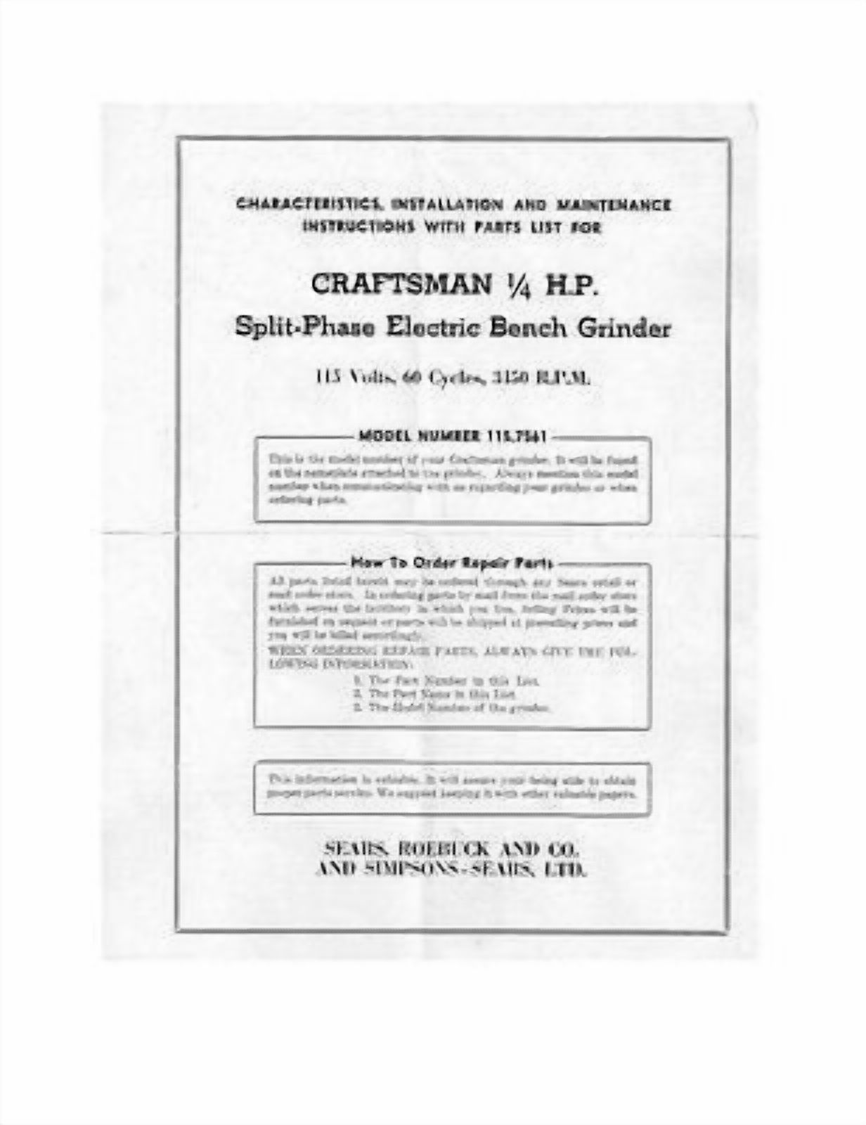 1950s Craftsman 115.7561 1/4HP Split-Phase Electric Bench Grinder-Inst. Manual REPRINT