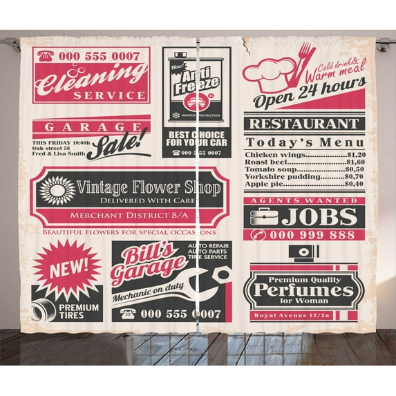 Ambesonne Retro Curtains 2 Panel Set, News Magazine Design, 108" x 90", Pink Beige Grey Teal