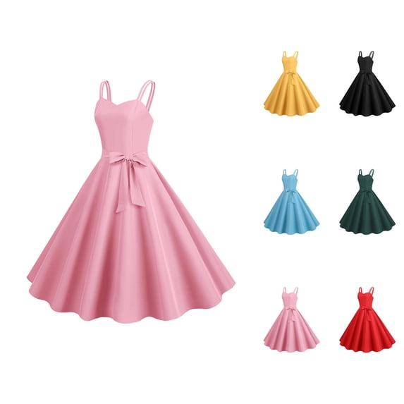 1950s Dresses for Women Sleeveless Spaghetti Strap V Neck Bow Tie Waist A Line Flowy Midi Dress Cocktail Dresses