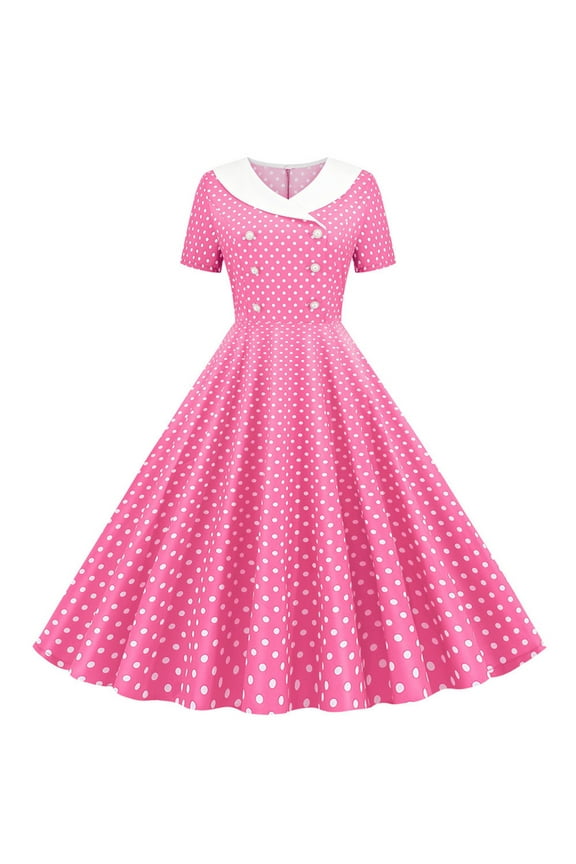 1950s Dresses for Women Vintage Dotted Wrap V Neck Pleated Ruffle Short Sleeve Retro Midi Dress (Small, Pink1)