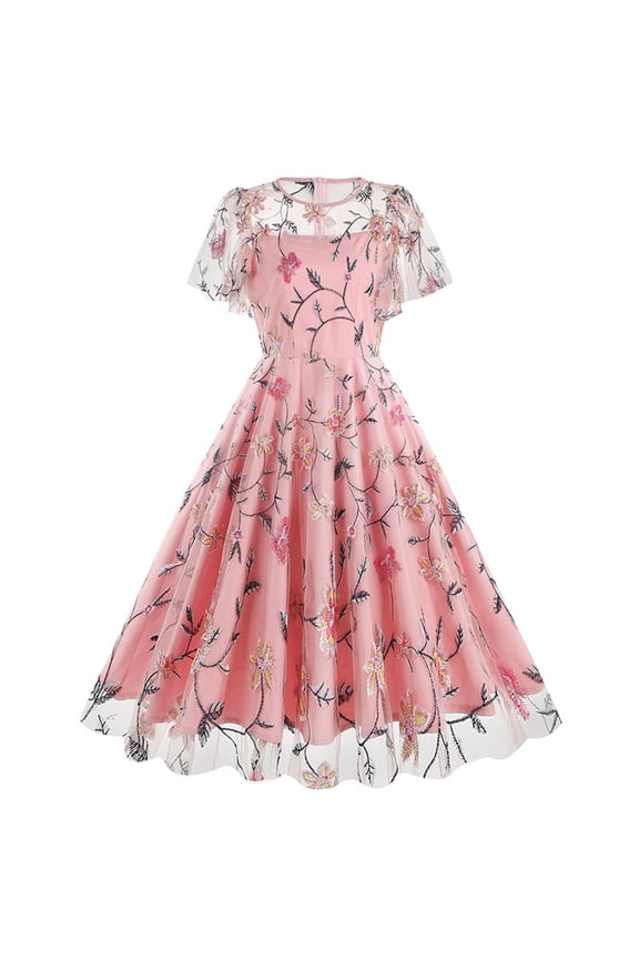 1950s Formal Vintage Cocktail Dresses for Women Retro Short Sleeve Mesh Flowy A-Line Polka Dots Floral Fall Dress Pink M