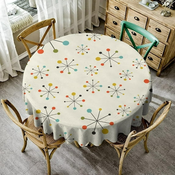 1950s Mid Century Tablecloth, Modern Atomic Retro Colors Abstract Geometric Table Cloth for Indoor Outdoor Party Picnic Dining Room Kitchen Table Cover Home Decoration, Round(60x60in)