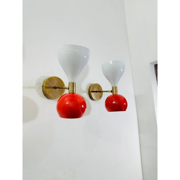 1950s Mid Century White & Red Wall Sconce Pair Brass Italian Diabolo Plug in Wall Sconce Light Fixture Bedside Lamp Lighting for Home Decor