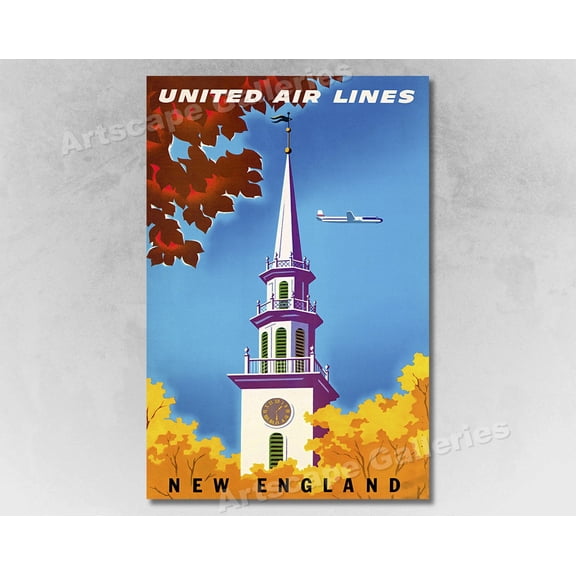 1950s New England Fall Vintage Style Travel Graphic Illustration, Unframed Poster