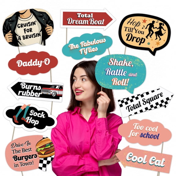 1950s Party Photo Booth Props Set Retro RocknRoll Decorations for Sock Hops & Vintage Events (12 pcs)