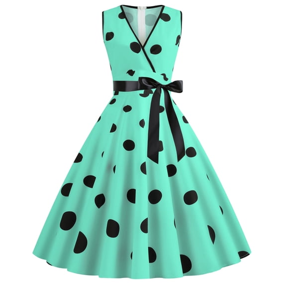 1950s Polka Dots Dress Women V-Neck Sleeveless Swing Vintage Cocktail Party Dresses