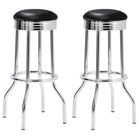 1950s Retro Black Faux Leather Bar Stools (Set of 2) - 30" Chrome Footrest Dining Room Kitchen Counter Chairs, Vintage Style, Wipe Clean