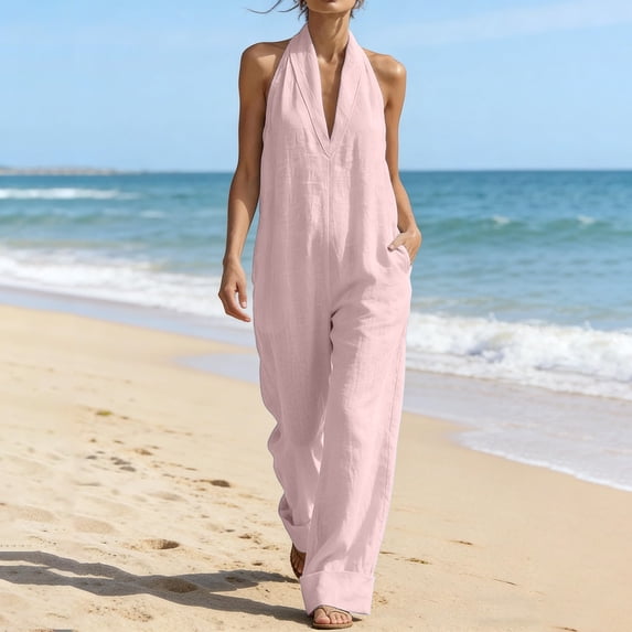 1950s Retro High-Waisted Linen Sleeveless Jumpsuit Deep V-Neck Wide-Leg