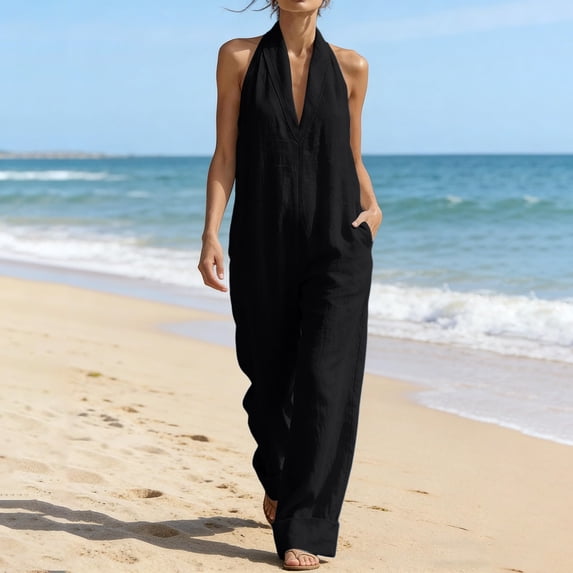 1950s Retro High-Waisted Linen Sleeveless Jumpsuit Deep V-Neck Wide-Leg