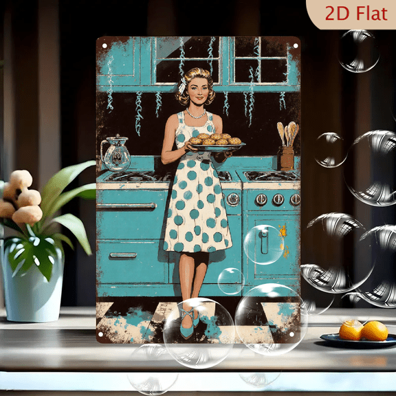 1950s Retro Kitchen Wall Art 8x12 Inches Metal Print, Vintage Woman in Polka Dot Dress Holding Cookies, Mid-Century Modern Home Decor for Living Room or Cafe
