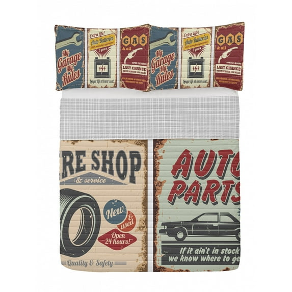 1950s Reversible Bedspread Set, Vintage Car Signs Automobile Repair Vehicle Garage Classics Servicing, Pillow Shams & Comforter Microfiber Bedding Set, 3 Sizes, Ruby Blue Mustard, by Ambesonne