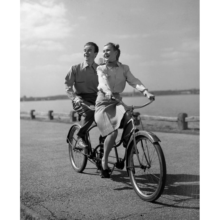1950s Smiling Happy Couple Man Woman Riding Tandem Bicycle Built For Two Poster Print By Vintage Collection 32 X 36