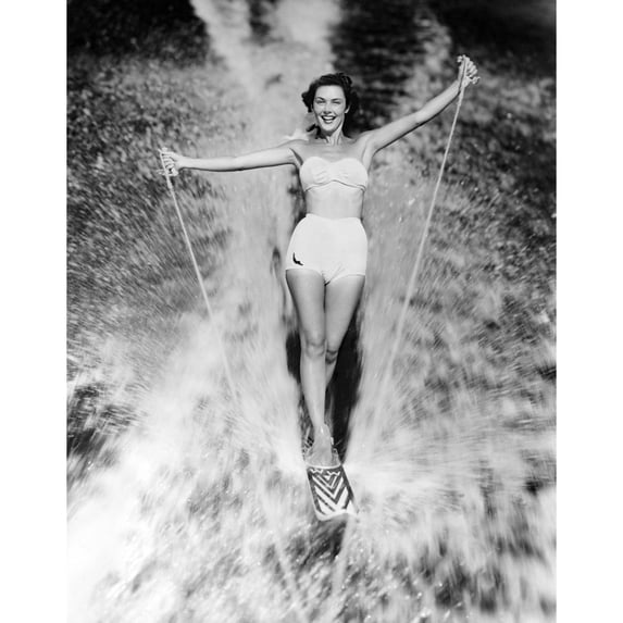 1950s Smiling Woman In White Two Piece Bathing Suit Aquaplaning Water Skiing Looking At Camera Print By Vintage