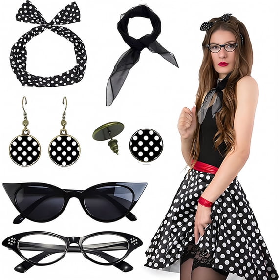 1950s Vintage Cat Eye Glasses Polka Dot Headband Earrings Set Retro Party Cosplay Accessory