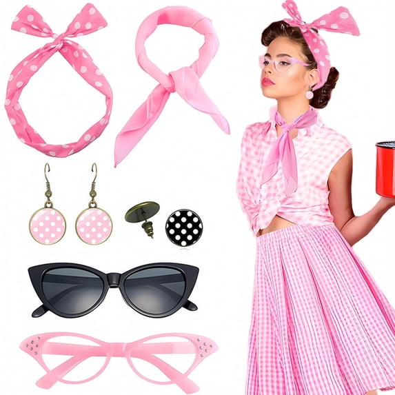 1950s Vintage Cat Eye Glasses Polka Dot Headband Earrings Set Retro Party Cosplay Accessory