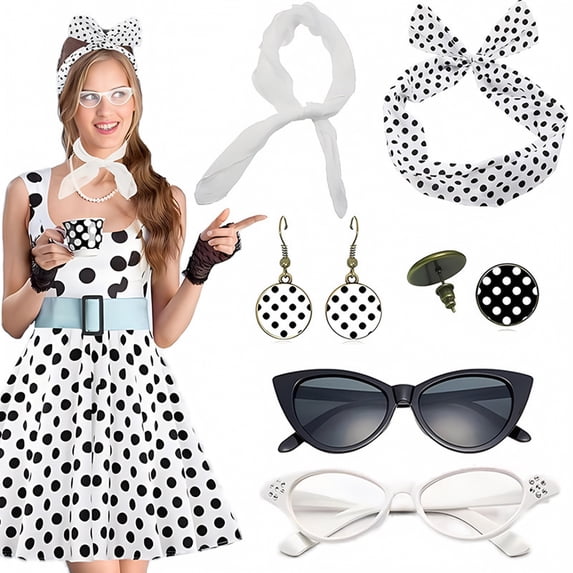 1950s Vintage Cat Eye Glasses Polka Dot Headband Earrings Set Retro Party Cosplay Accessory