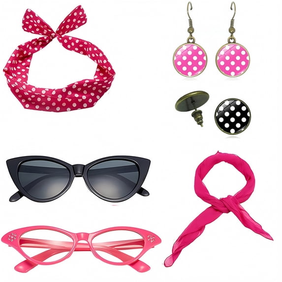 1950s Vintage Cat Eye Glasses Polka Dot Headband Earrings Set Retro Party Cosplay Accessory