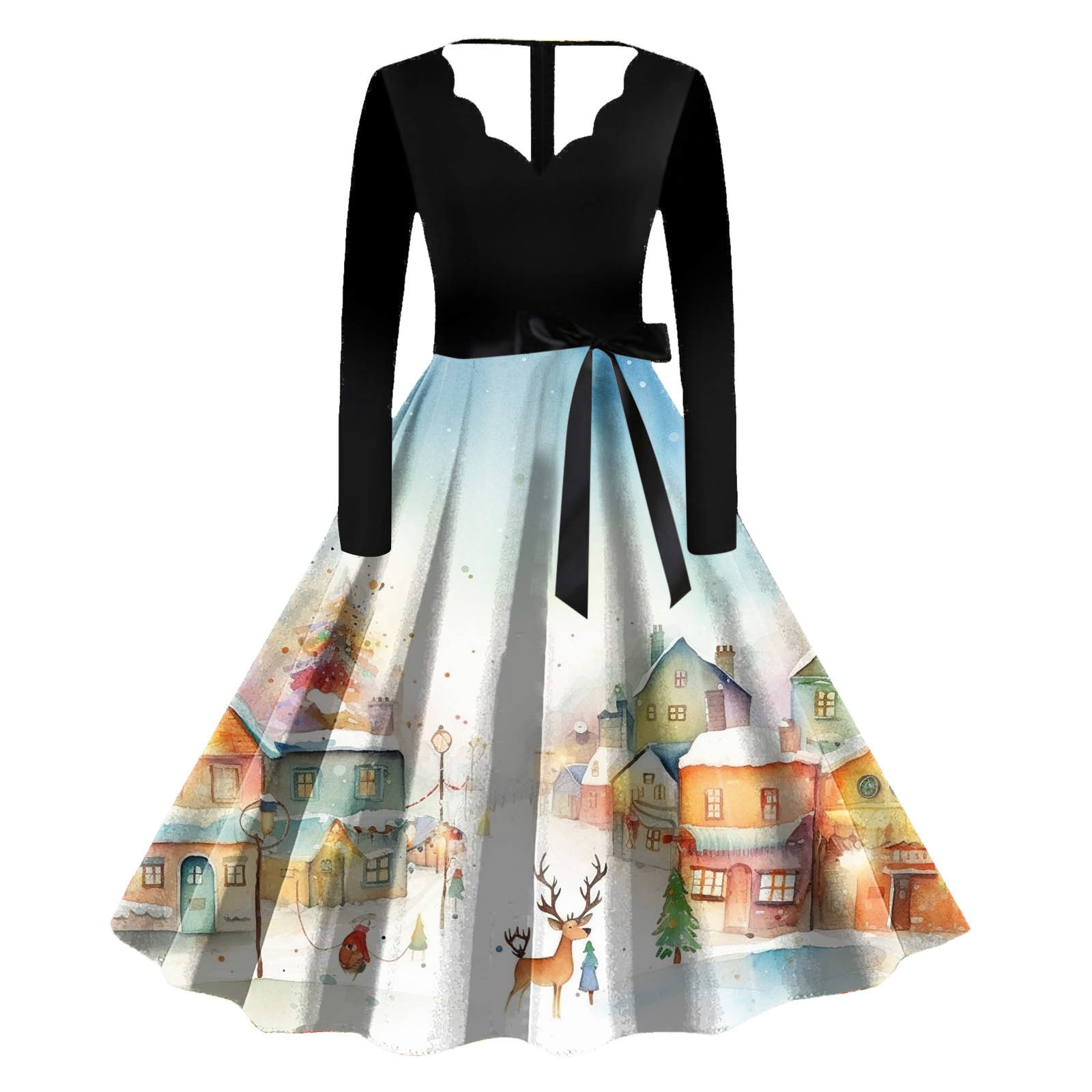 1950s Vintage Christmas Dress for Women Long Sleeve Pumpkin Xmas V Neck