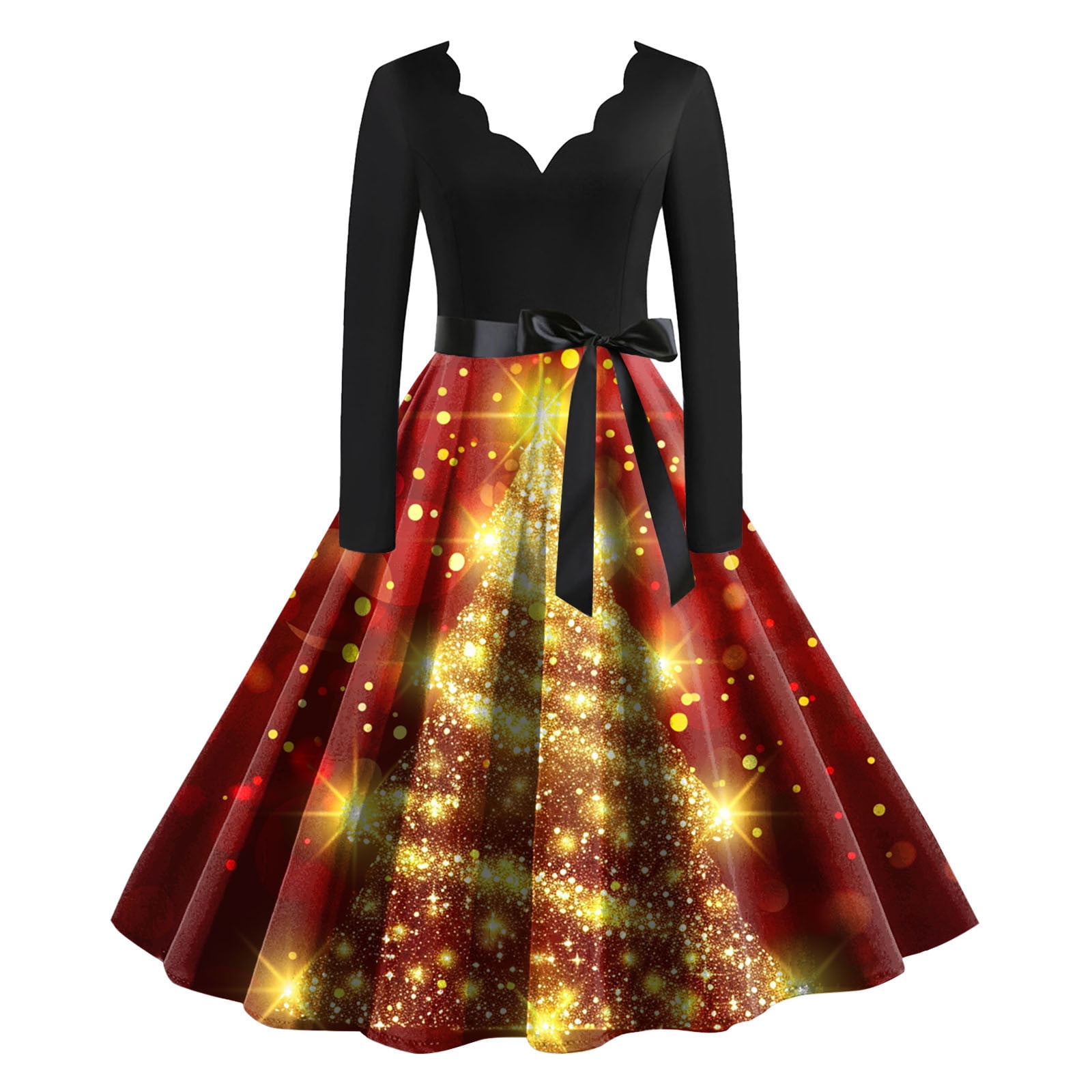 1950s Vintage Christmas Dress for Women Long Sleeve V Neck ALine Xmas