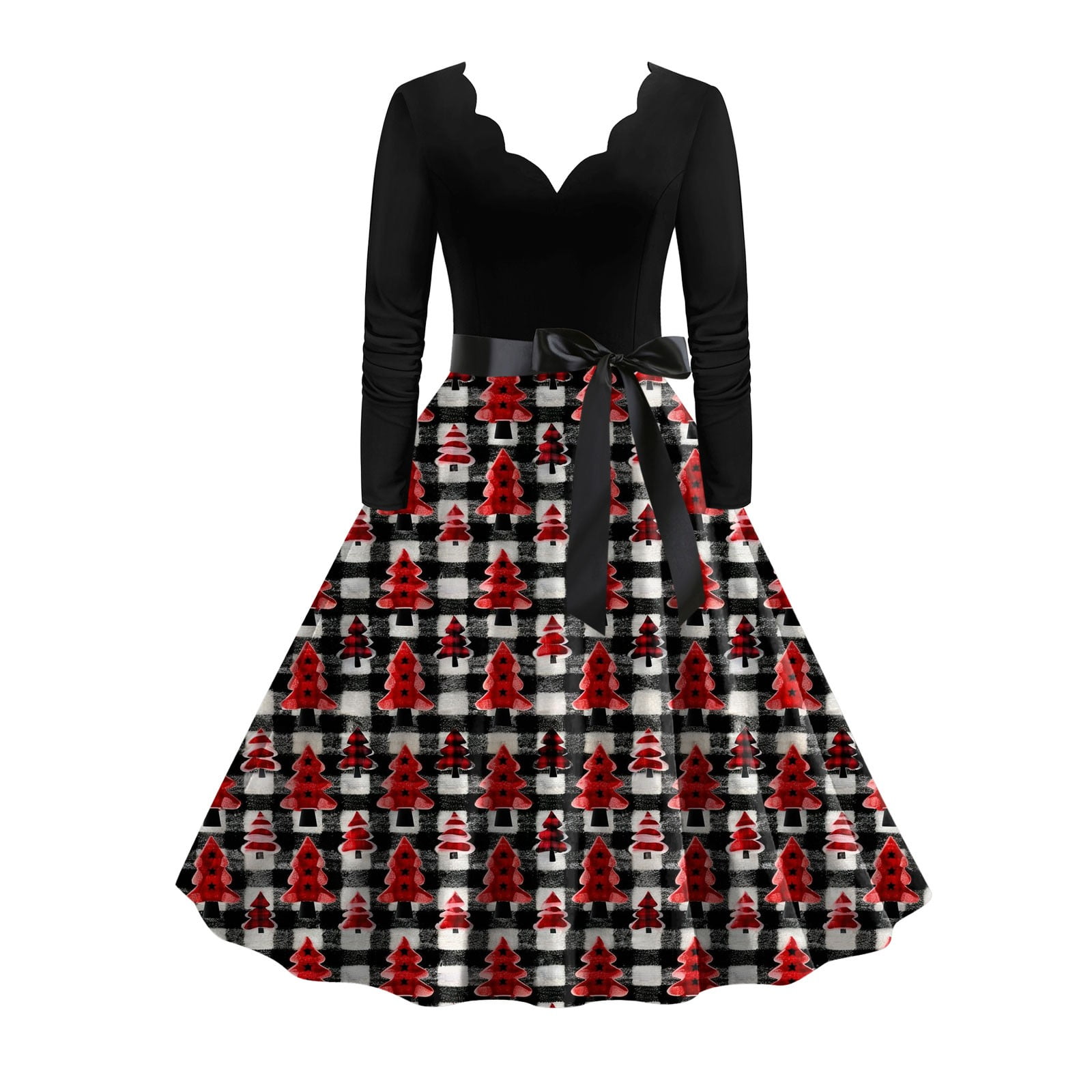 1950s Vintage Christmas Dress for Women Long Sleeve V Neck Xmas Dress