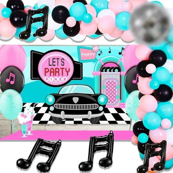 1950s Vintage Party Decor Set - American Diner Sweet and Cool Rock 'n' Roll Style, Including Backdrop + 60 Balloons + Disco Ball