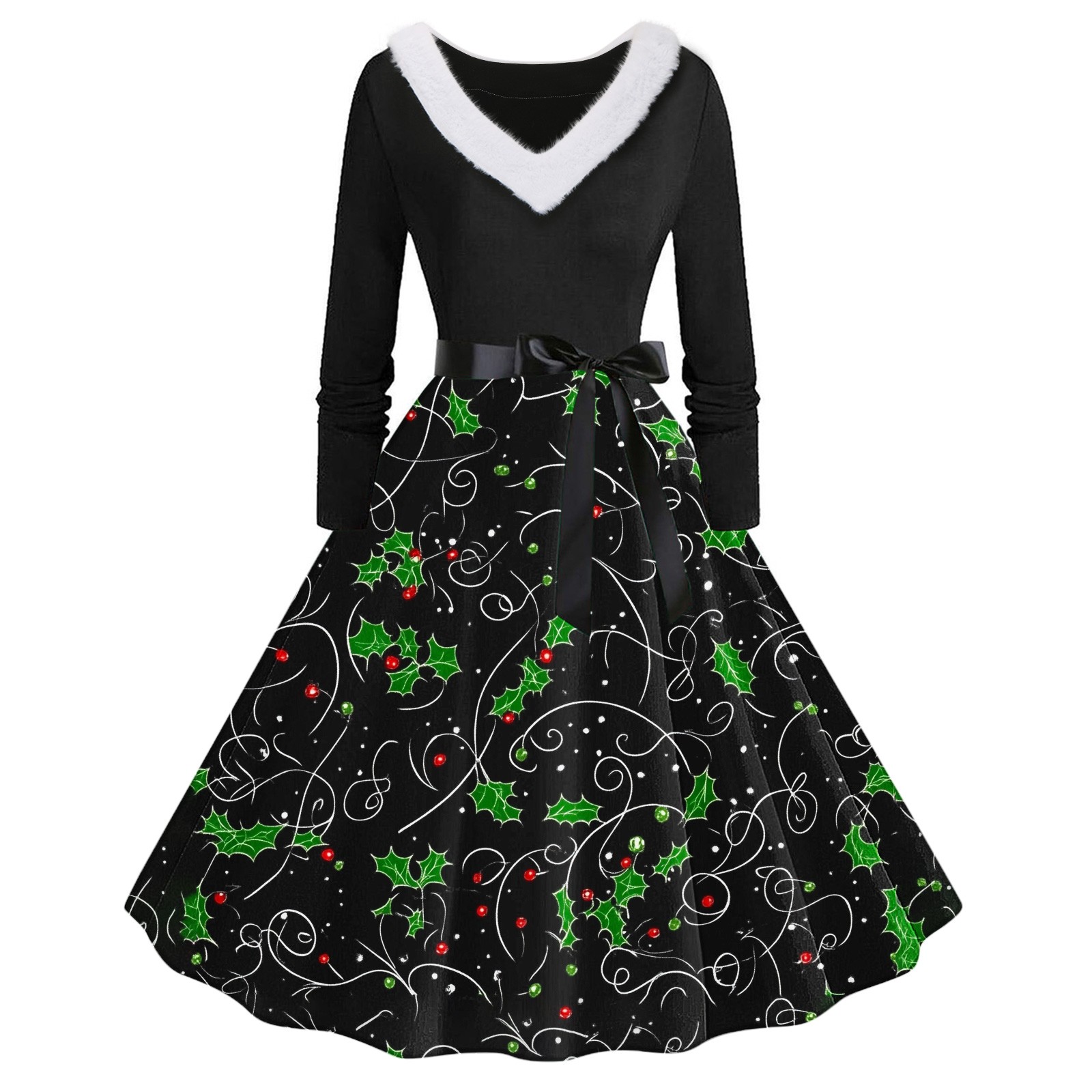 1950s Vintage Womens Long Sleeve Swing Dress Ugly Christmas Print Furry