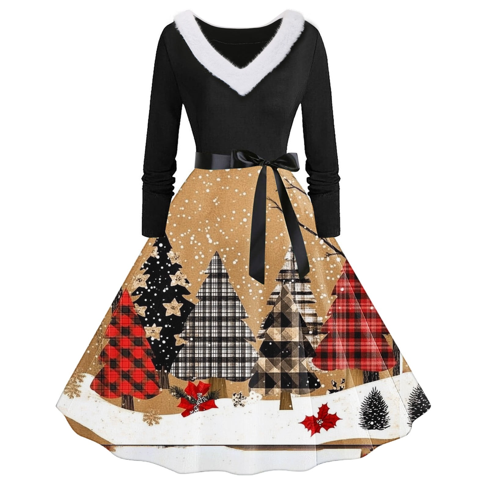 1950s Vintage Womens Long Sleeve Swing Dress Ugly Christmas Print Furry