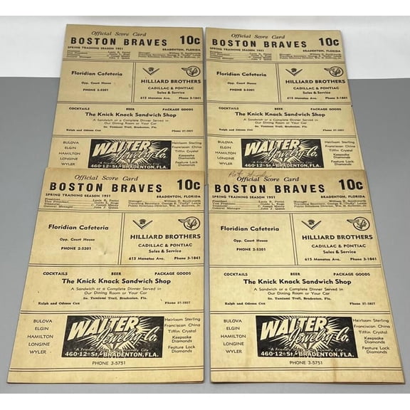 1951 Boston Braves Baseball Score Card 4 ct Lot