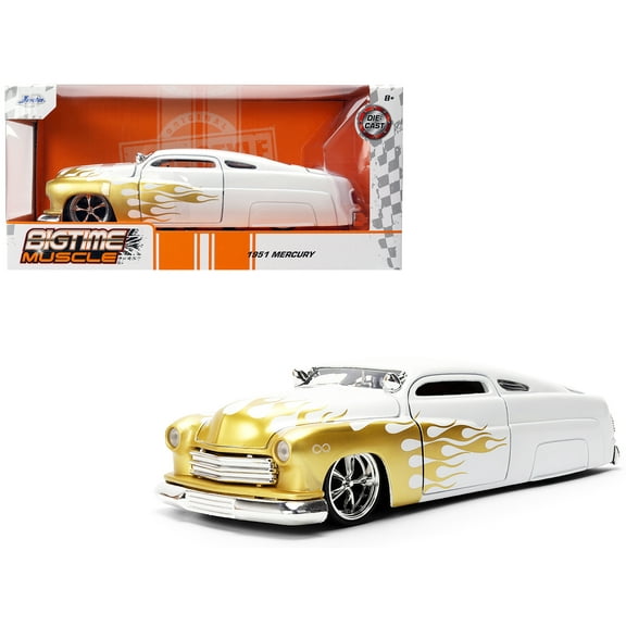1951 Mercury Coupe White with Gold Flames "Bigtime Muscle" Series 1/24 Die Cast Model Car by Jada