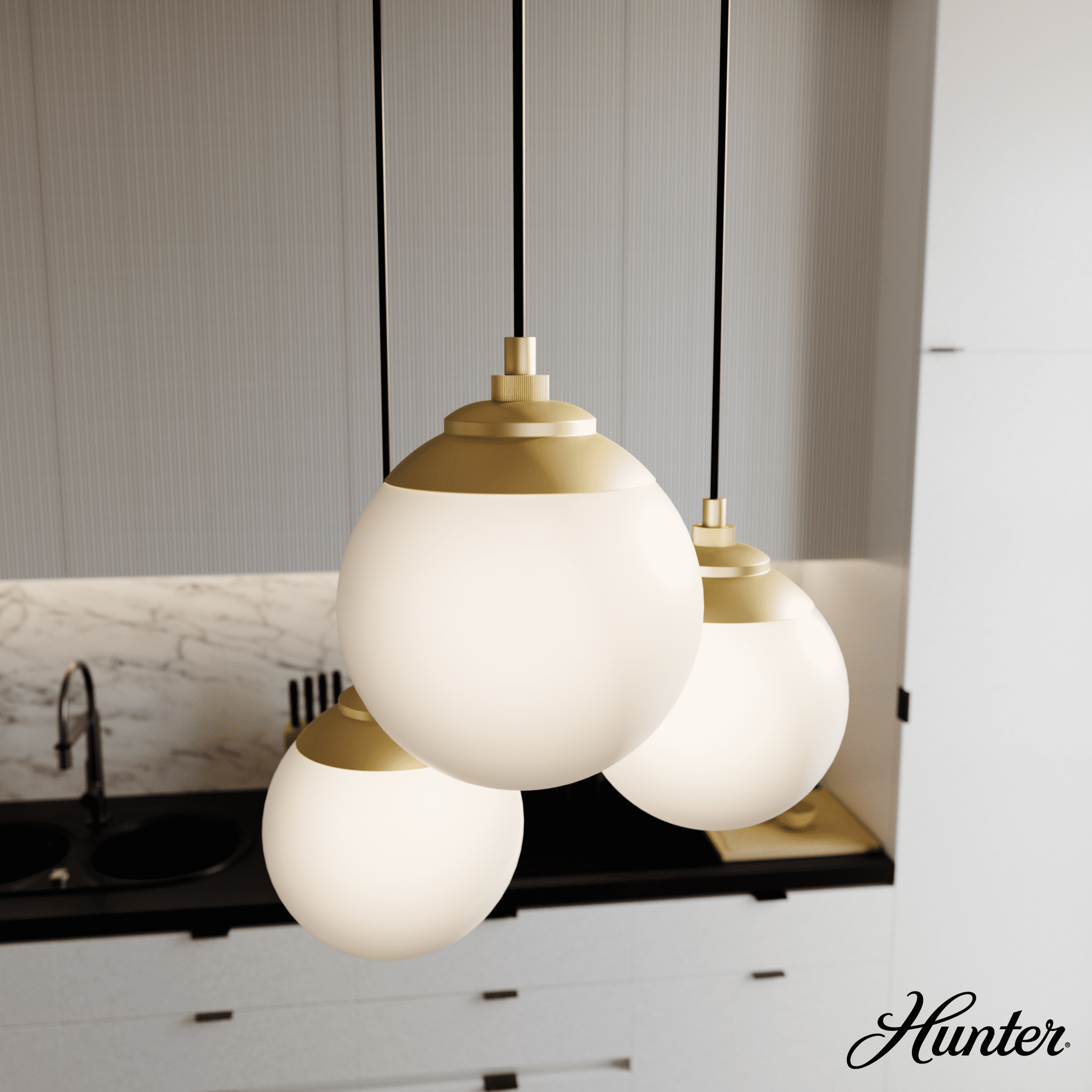 Modern Brass 3-Light Globe Pendant with Cased White Glass