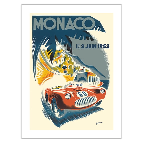 1952 Monaco Grand Prix - Formula One Race Cars/ NOT ORIGINAL - Vintage Car Racing Poster by B. Minne c.1952 - Fine Art Matte Paper Print (Unframed) 24x32in