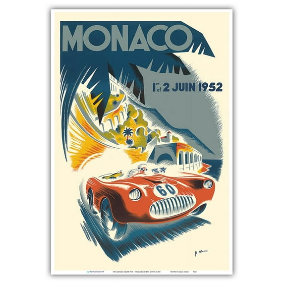 1952 Monaco Grand Prix - Formula One Race Cars/ NOT ORIGINAL - Vintage Car Racing Poster by B. Minne c.1952 - Master Art Print (Unframed) 13in x 19in
