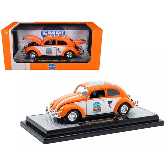 1952 Volkswagen Beetle Deluxe Model "EMPI Power Rules" Orange and White with Graphics Limited Edition to 6650 pieces Worldwide 1/24 Diecast Model Car by M2 Machines