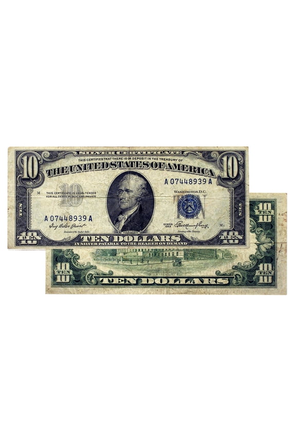1953 $10 Blue Seal Silver Certificate - Very Fine Condition - Scarce Collectible Currency Note