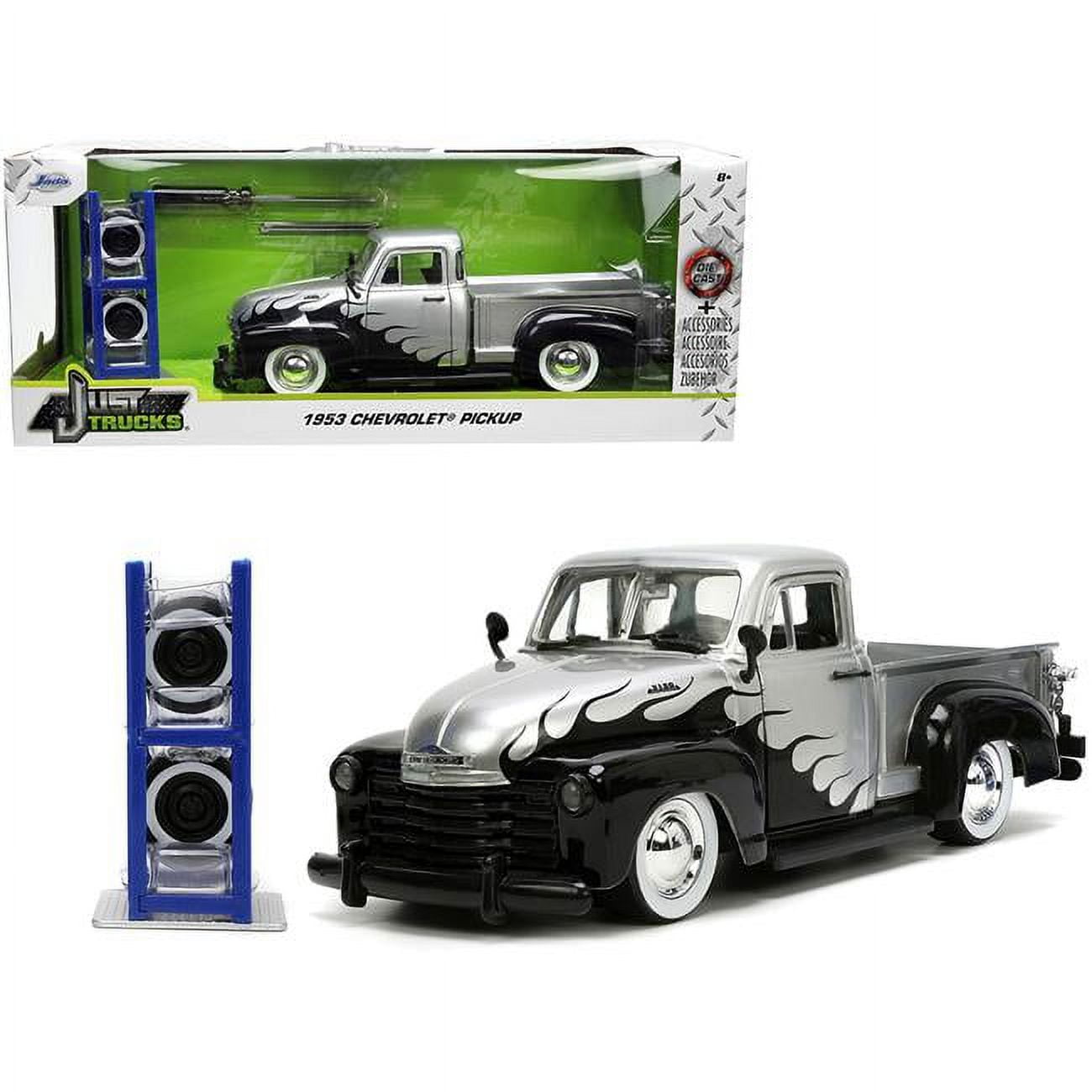 1953 Chevrolet 3100 Pickup Truck Silver Metallic with Black Flames w/Extra Wheels