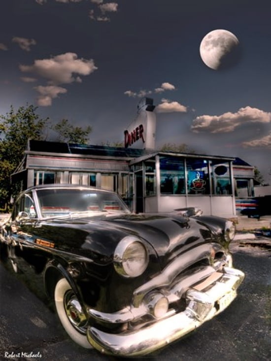 1953 Packard Clipper and Old Diner Canvas Art - Robert Michaels (14 x 18)