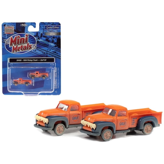 1954 Ford Pickup Trucks "Gulf Oil" Orange (Dirty/Weathered) Set of 2 pieces 1/160 (N) Scale Model Cars by Classic Metal Works