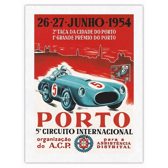 1954 Porto 5th Circuito International Portugal - Vintage Racing Poster - Japanese Unryu Rice Paper Art Print (Unframed) 12 x 16 in