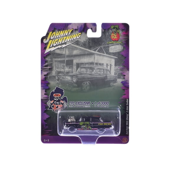 1955 Chevrolet 2-Door Sedan "Rat Fink Racing" Black with Graphics "CTC Exclusive" Series Limited Edition to 3000 pieces Worldwide 1/64 Diecast Model Car by Johnny Lightning