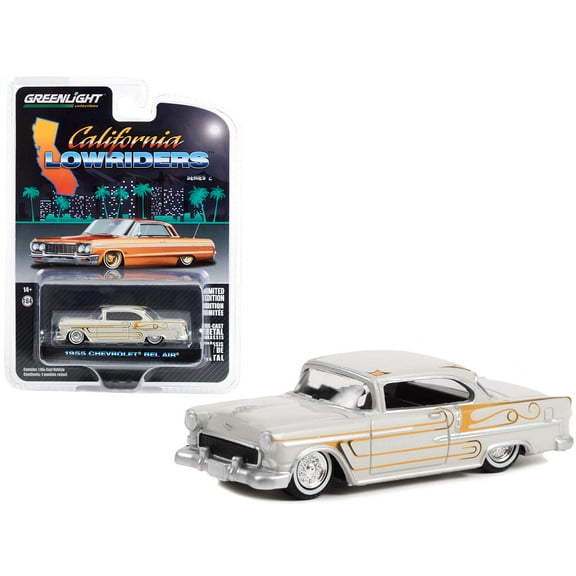 1955 Chevrolet Bel Air Custom Light Gray Met. & Gold Graphics "California Lowriders" Series 1/64 Diecast Model Car by Greenlight