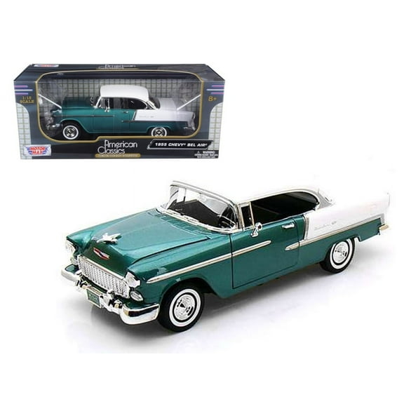 1955 Chevrolet Bel Air Hard Top Green Metallic and White 1/18 Diecast Model Car by Motormax