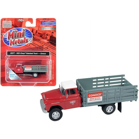 1955 Chevrolet Stakebed Truck "Conoco" Red and Gray 1/87 (HO) Scale Model by Classic Metal Works